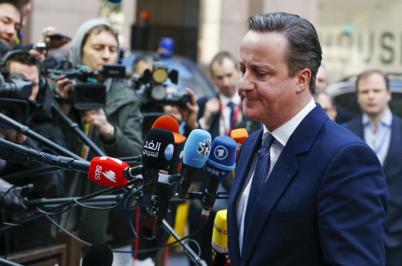 British Prime Minister David Cameron arrives at the EU council headquarters for EU leaders summit in Brussels, Belgium, on February 19, 2016. (Yves Herman/Reuters)