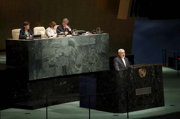 Iranian Foreign Minister Mohammad Javad Zarif addresses the Opening Meeting of the 2015 Review Conference of the Parties to the Treaty on the Non-Proliferation of Nuclear Weapons at the UN in New York, April 27, 2015 (Mike Segar/Courtesy Reuters).