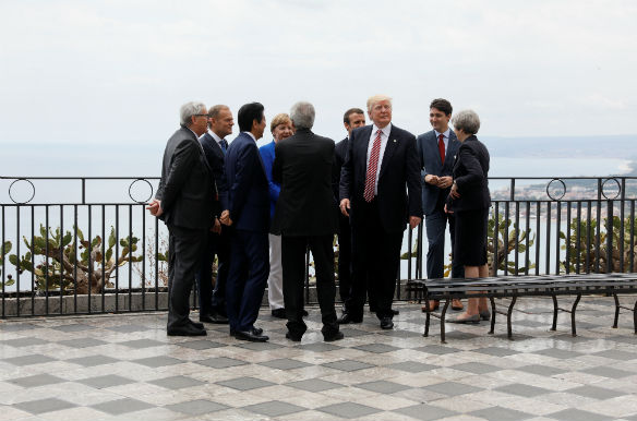 President Trump gathers with leaders of the Group of Seven in Taormina, Italy on May 26, 2017 (JONATHAN ERNST/REUTERS).