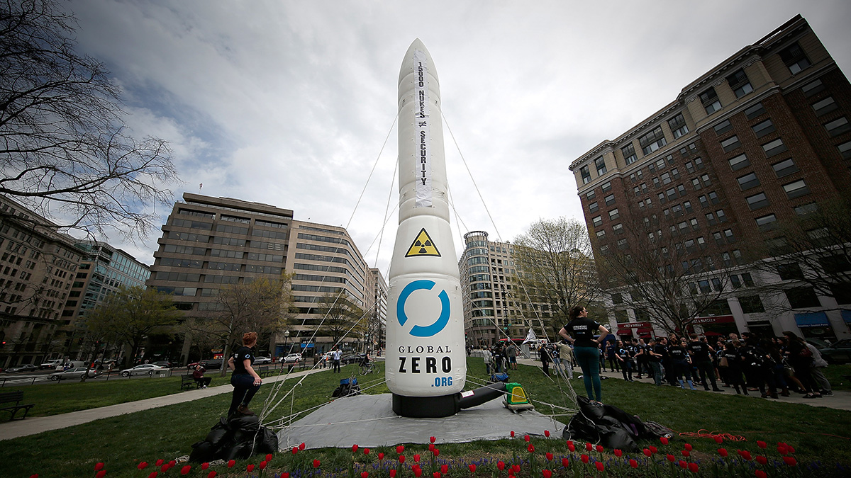 An inflatable nuclear missile balloon stands at the ready before a protest held by the group Global Zero in McPherson Square on April 1, 2016 in Washington, DC. The protest, designed to rally support for the elimination of nuclear weapons, was timed to occur at the same time as world leaders were meeting at the Nuclear Security Summit being held today in Washington.