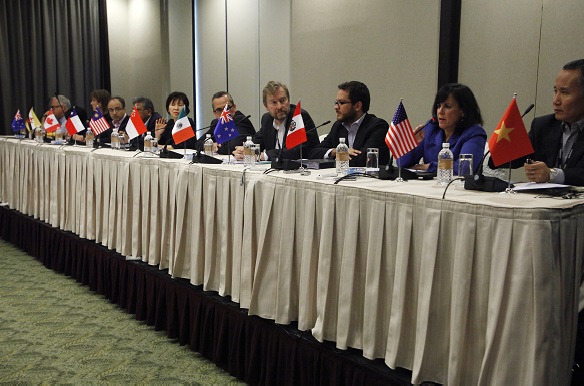 Chief negotiators attend a news conference to conclude the 16th round of the Trans-Pacific Partnership (TPP) negotiations in Singapore (Edgar Su/Courtesy Reuters).