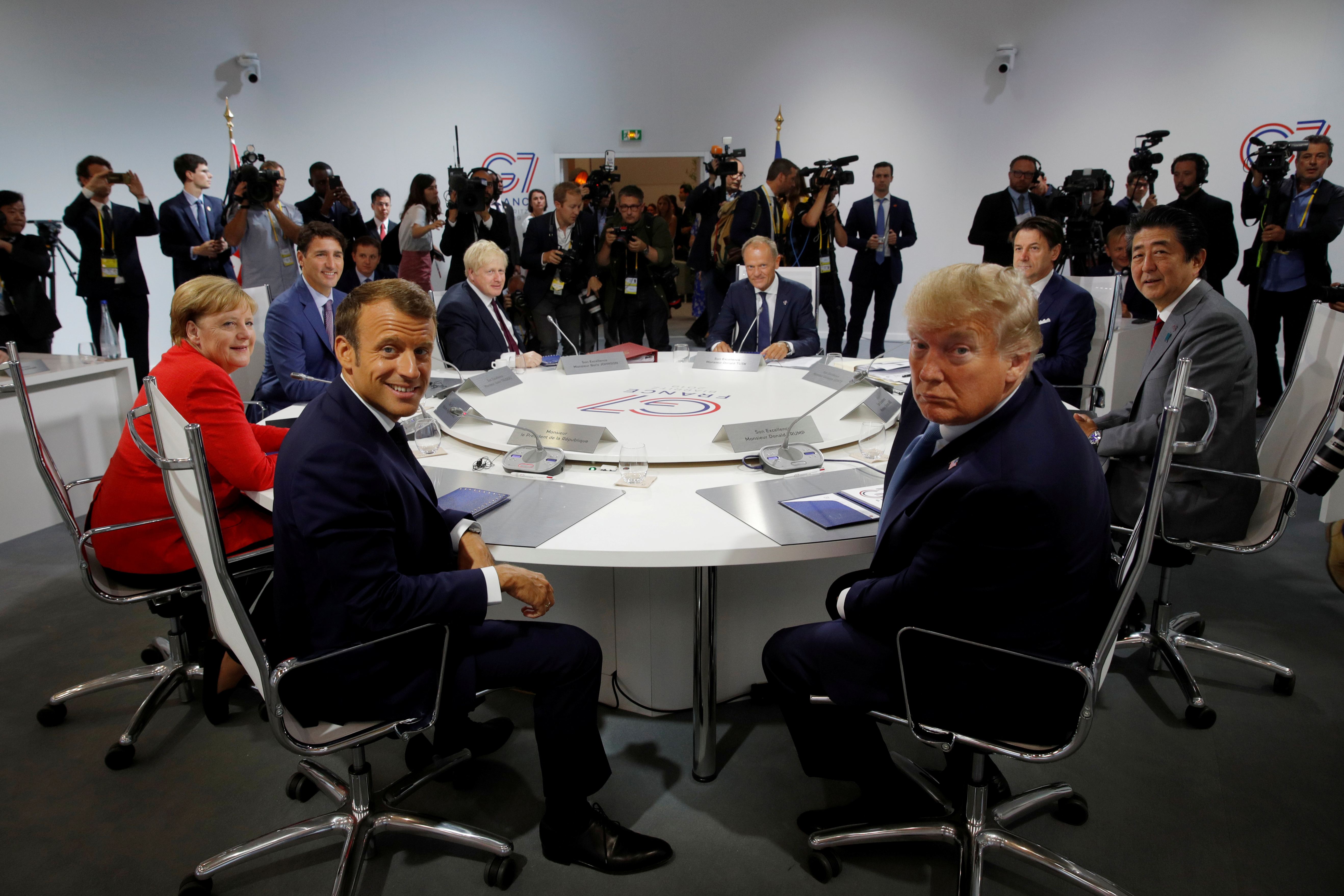 G7 leaders during a working session at the G7 summit in Biarritz, France, on August 25, 2019. (Philippe Wojazer/Pool, Reuters)