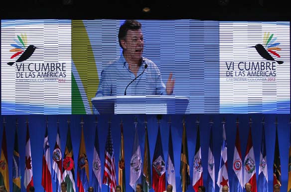 Colombia's President Juan Manuel Santos speaks during the Sixth Summit of the Americas in Cartagena, in 2012 (Jose Miguel Gomez/Courtesy Reuters).